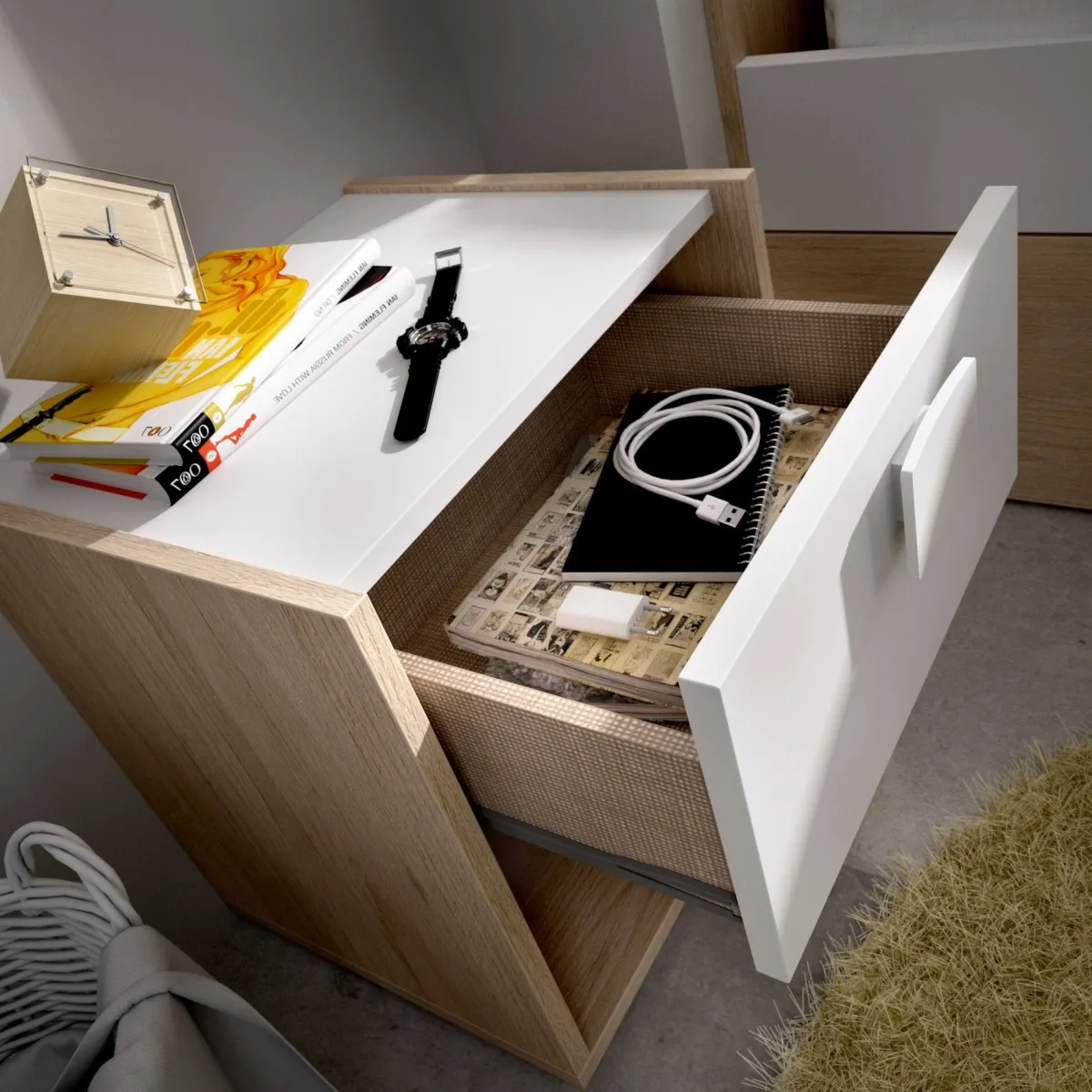 Comodini|Camera Da Letto > Dmora Comodino 1 cassetto bianco e rovere 40x33x42h cm - Artica Marrone, Bianco Rovere