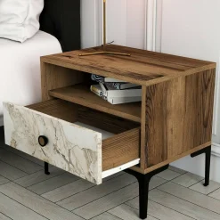 Comodini|Camera Da Letto > Dmora Comodino 1 cassetto noce e bianco marmo 56x40x50h cm - Editta Bianco Marmo, Marrone Noce