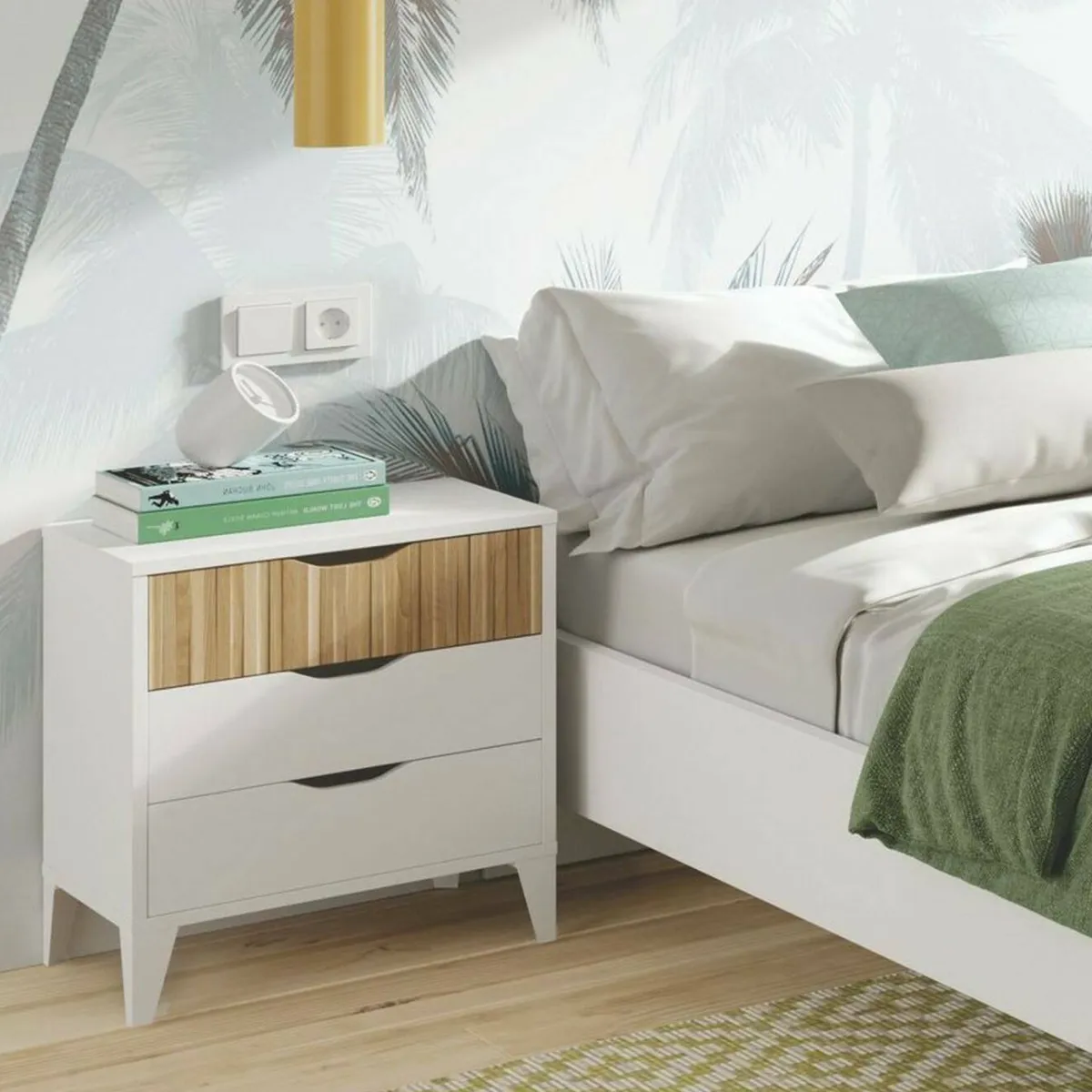 Comodini > Dmora Comodino in legno bianco e rovere 44x33x50h cm - Jessa Marrone, Bianco Rovere