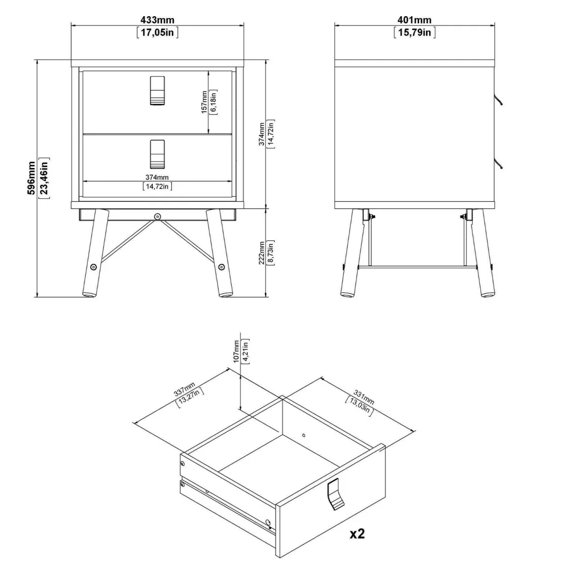 Comodino in legno nero e noce 43x40x59h cm - Jean