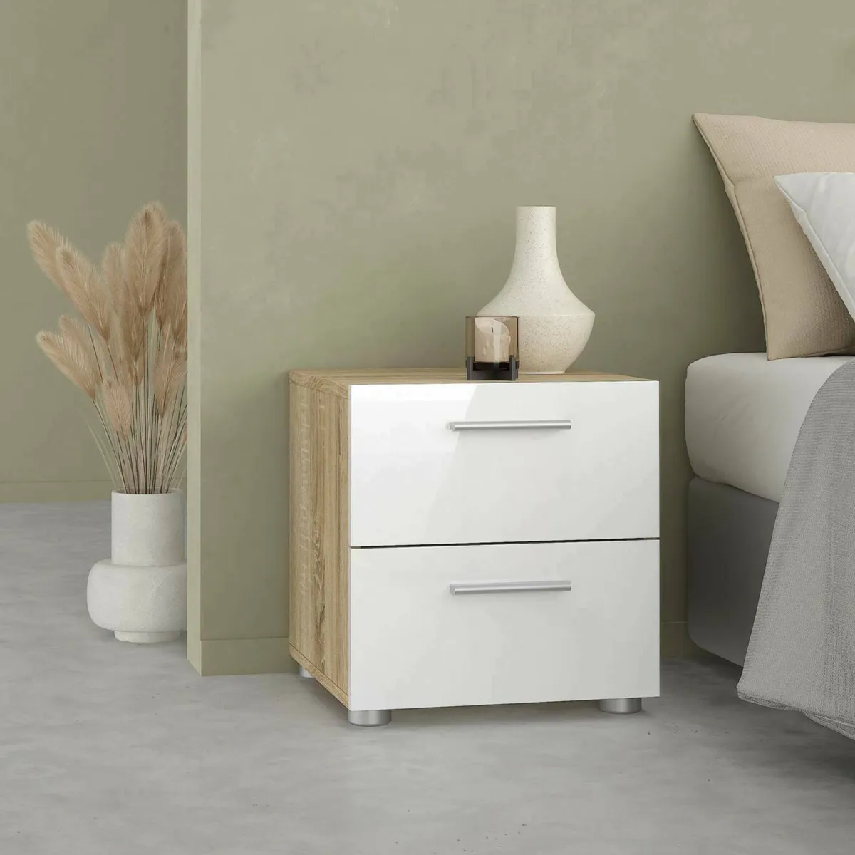 Comodini > Dmora Comodino in legno quercia e bianco lucido 40x40x42h cm - Apolla Bianco Lucido, Marrone Quercia