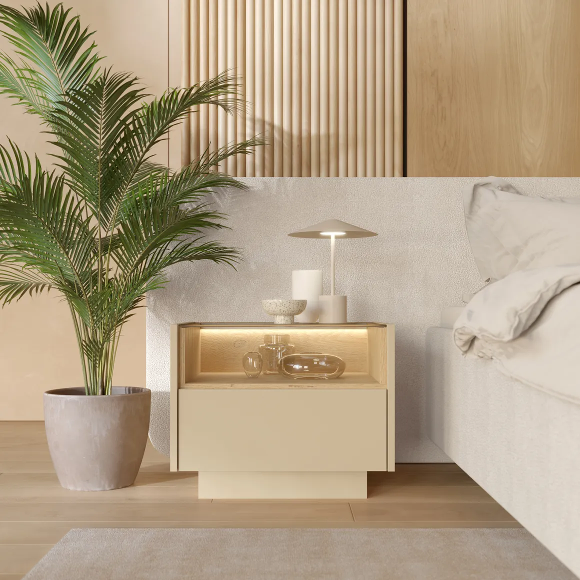 Comodino Marrone Chiaro Marrone Rovere un Cassetto 2 Ripiani 53x40x43h cm, Apertura Push-pull - Veirra