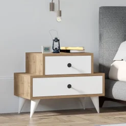 Comodini > Dmora Comodino Marrone Noce Bianco 2 Cassetti Apertura Scorrevole 63x44x50h cm, Chiusura Scorrevole - Segni Bianco, Marrone Noce