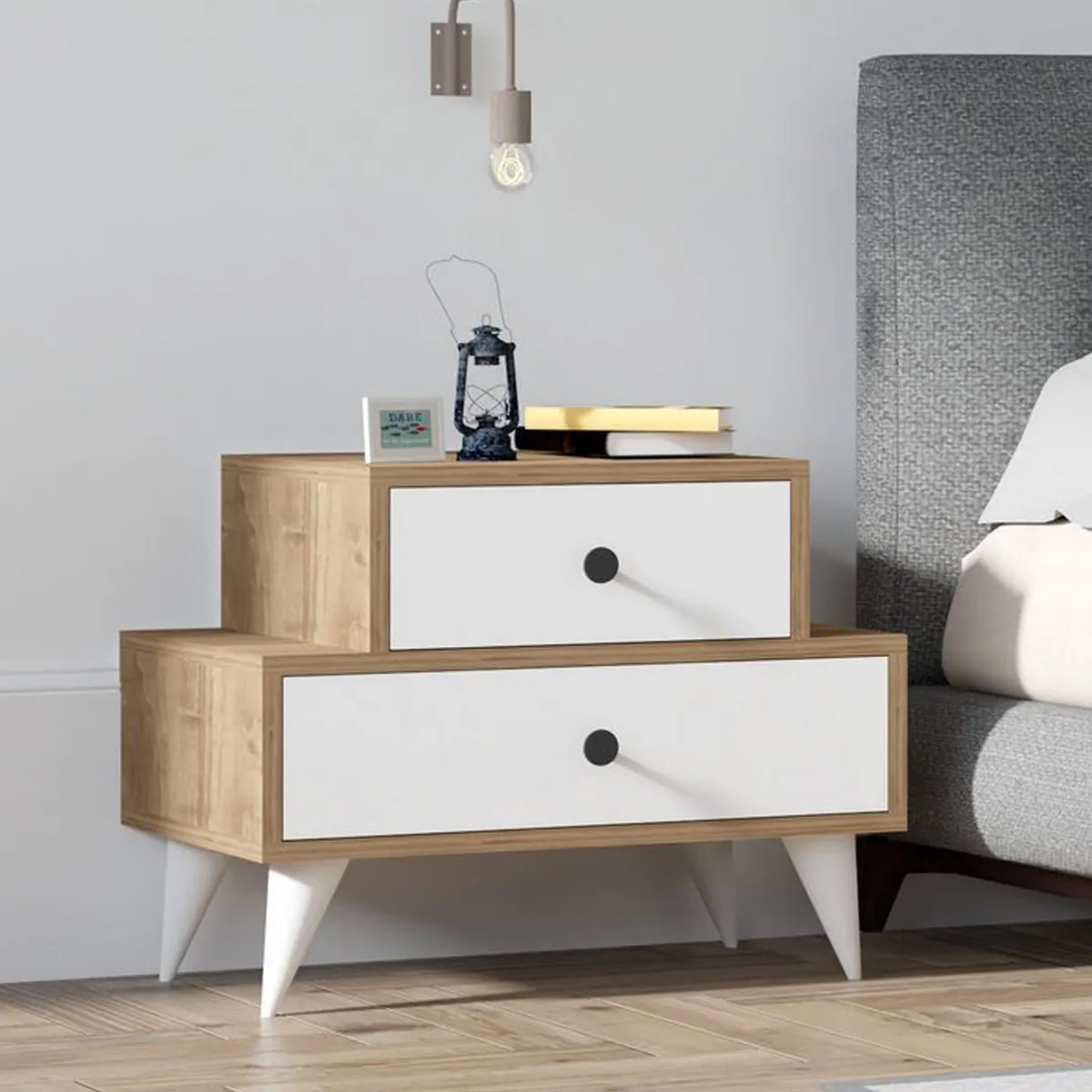 Comodini > Dmora Comodino Marrone Noce Bianco 2 Cassetti Apertura Scorrevole 63x44x50h cm, Chiusura Scorrevole - Segni Bianco, Marrone Noce
