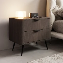 Comodino Marrone Noce Nero 2 Cassetti un Ripiano 63x38x55h cm, Apertura Scorrevole - Gasi