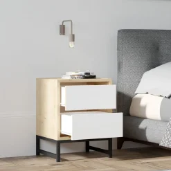 Comodino Marrone Rovere Bianco 2 Cassetti Apertura Scorrevole 40x40x55h cm, Chiusura Scorrevole - Collina