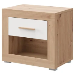 Comodini > Dmora Comodino Marrone Rovere Bianco Opaco un Cassetto 2 Ripiani 52x35x47h cm, Apertura Scorrevole - Varkal Bianco Opaco, Marrone Rovere