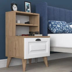 Comodino Marrone Rovere Bianco un Cassetto un Ripiano 45x40x74h cm, Apertura Scorrevole - Salassa