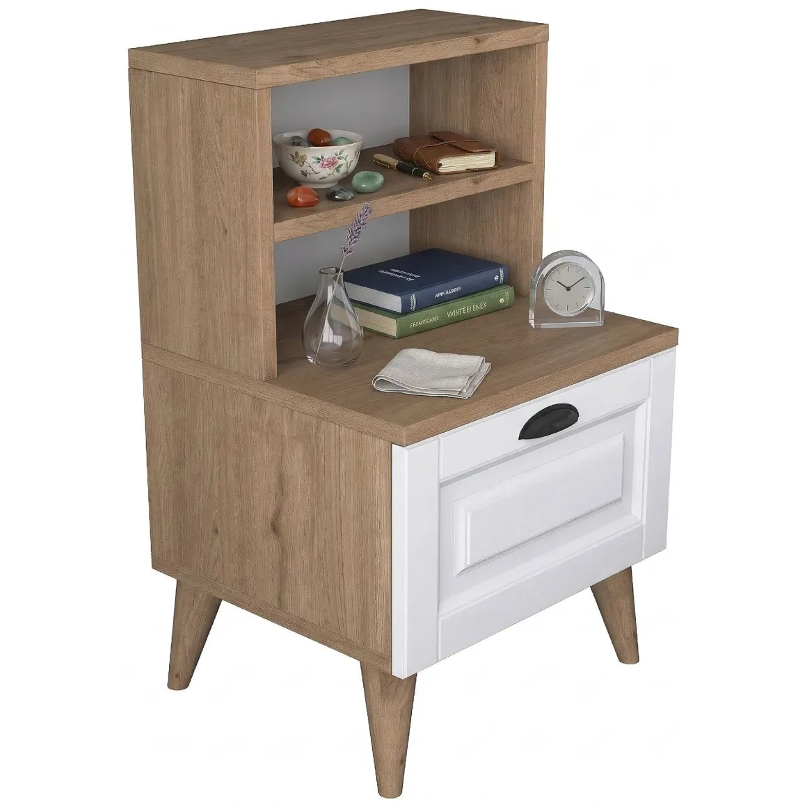 Comodino Marrone Rovere Bianco un Cassetto un Ripiano 45x40x74h cm, Apertura Scorrevole - Salassa