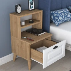 Comodino Marrone Rovere Bianco un Cassetto un Ripiano 45x40x74h cm, Apertura Scorrevole - Salassa