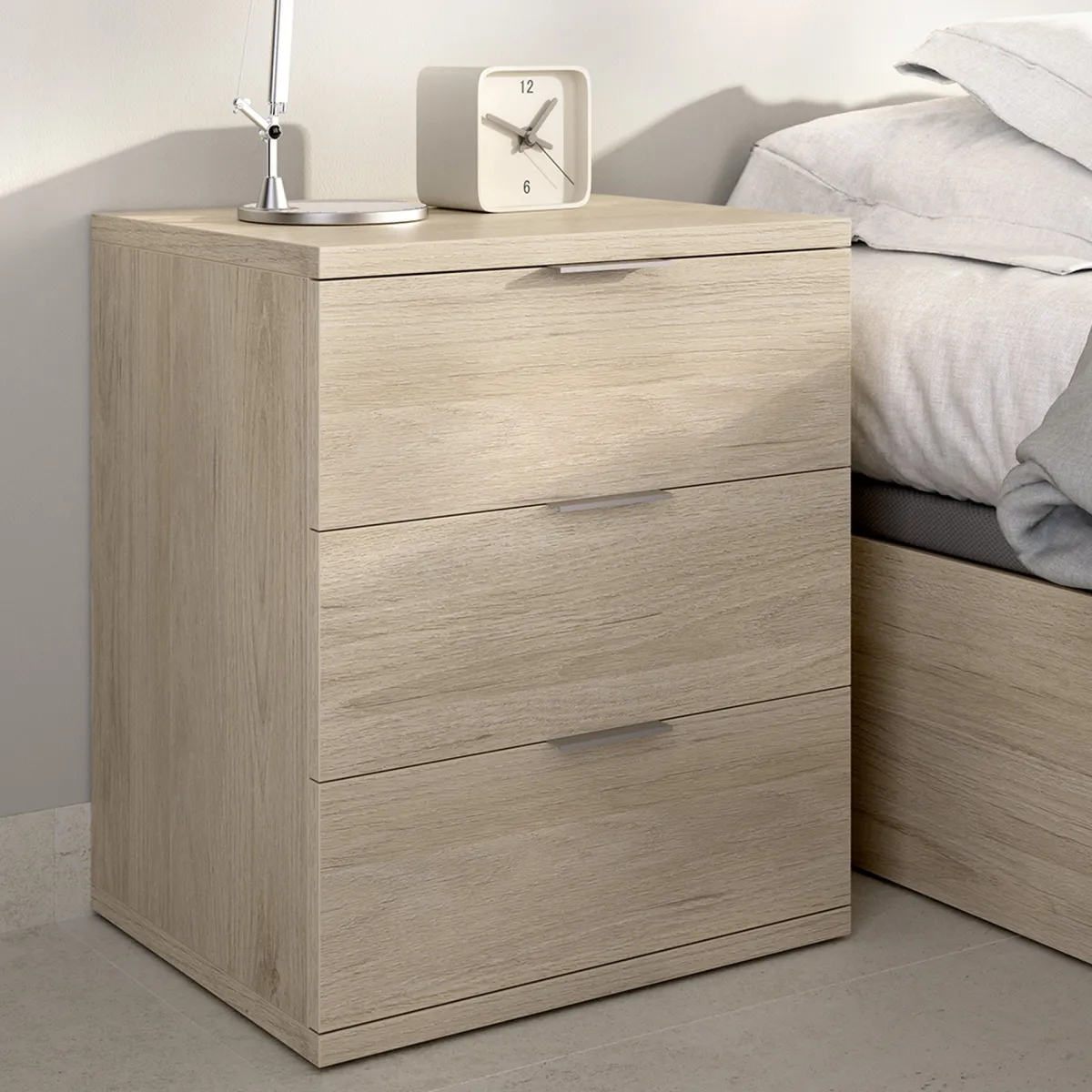 Comodini > Dmora Comodino Marrone Rovere Grigio 3 Cassetti un Ripiano 34x42x57h cm, Piedini abs Antirumore e Antigraffio - Blythe Grigio, Marrone Rovere