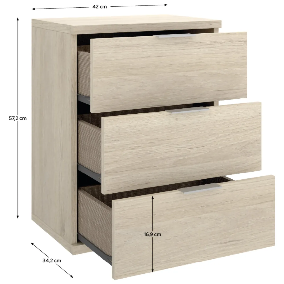 Comodini > Dmora Comodino Marrone Rovere Grigio 3 Cassetti un Ripiano 34x42x57h cm, Piedini abs Antirumore e Antigraffio - Blythe Grigio, Marrone Rovere