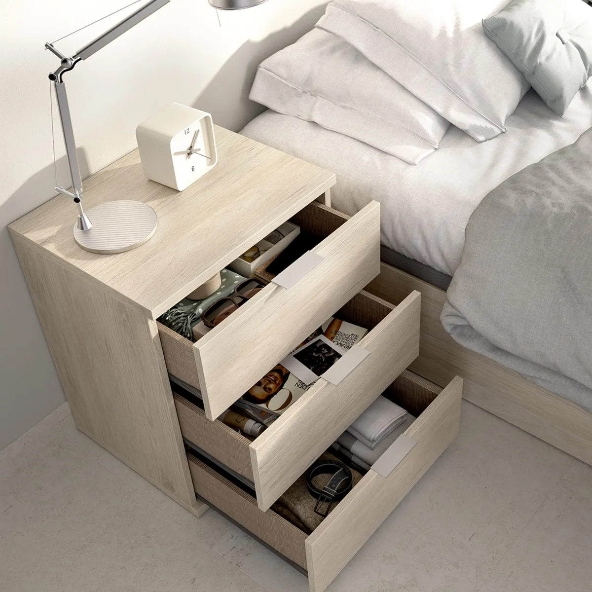 Comodini > Dmora Comodino Marrone Rovere Grigio 3 Cassetti un Ripiano 34x42x57h cm, Piedini abs Antirumore e Antigraffio - Blythe Grigio, Marrone Rovere