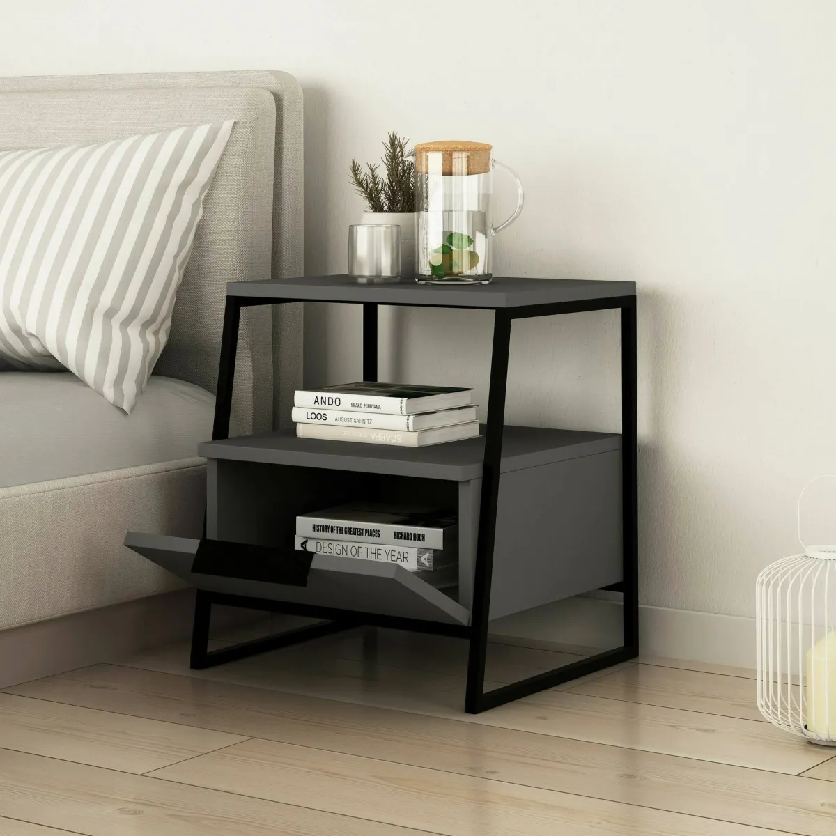 Comodini|Camera Da Letto > Dmora Comodino moderno antracite 45x40x50h cm - Alonso Nero Antracite