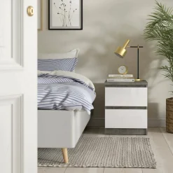 Comodini > Dmora Comodino moderno cemento e bianco lucido 50x40x49h cm - Azar Bianco Lucido, Grigio Cemento