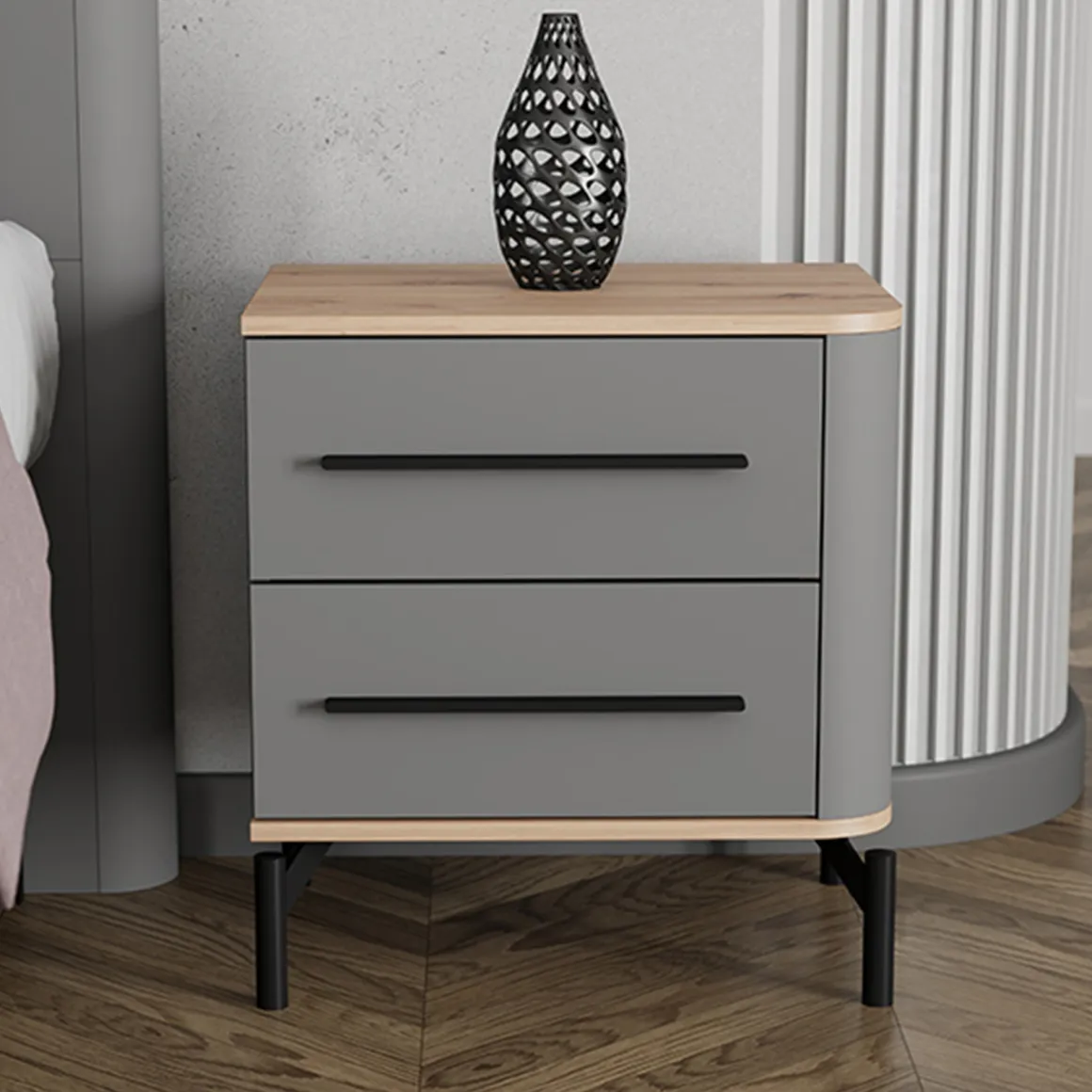 Comodino Nero Antracite Marrone Rovere 2 Cassetti un Ripiano 52x40x56h cm, Apertura Scorrevole - Ojai