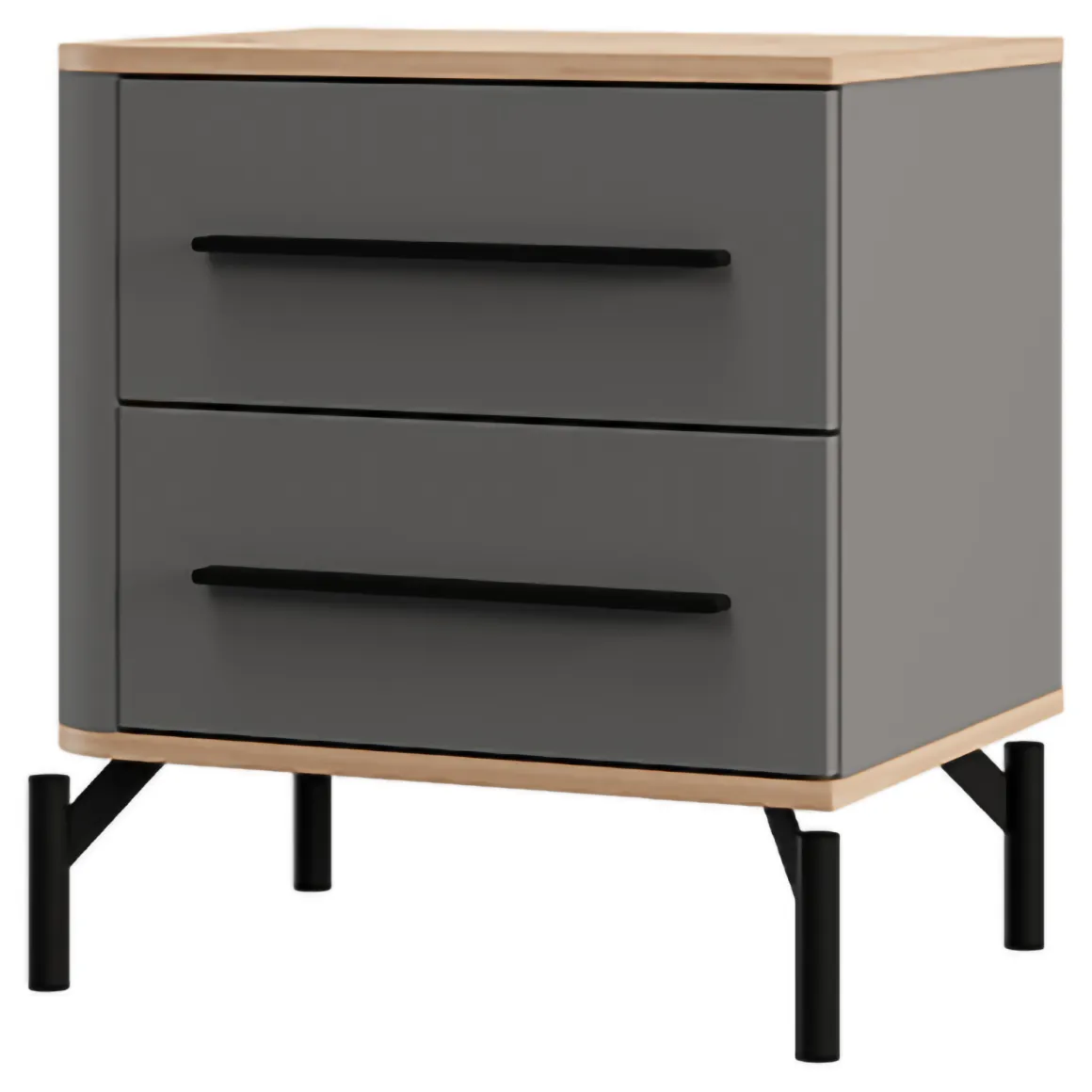 Comodino Nero Antracite Marrone Rovere 2 Cassetti un Ripiano 52x40x56h cm, Apertura Scorrevole - Ojai