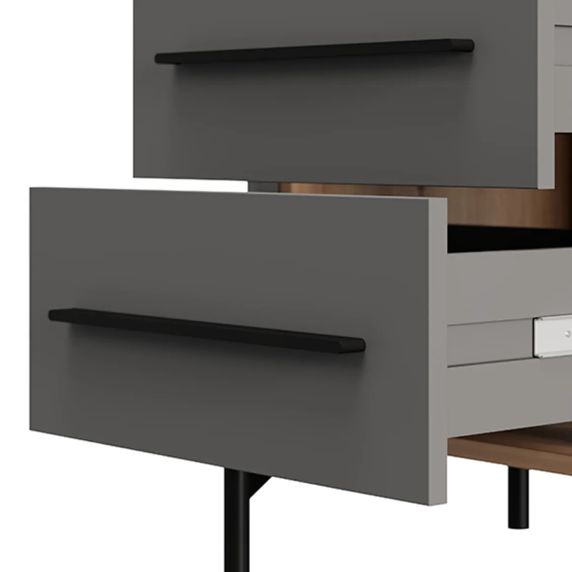 Comodino Nero Antracite Marrone Rovere 2 Cassetti un Ripiano 52x40x56h cm, Apertura Scorrevole - Ojai