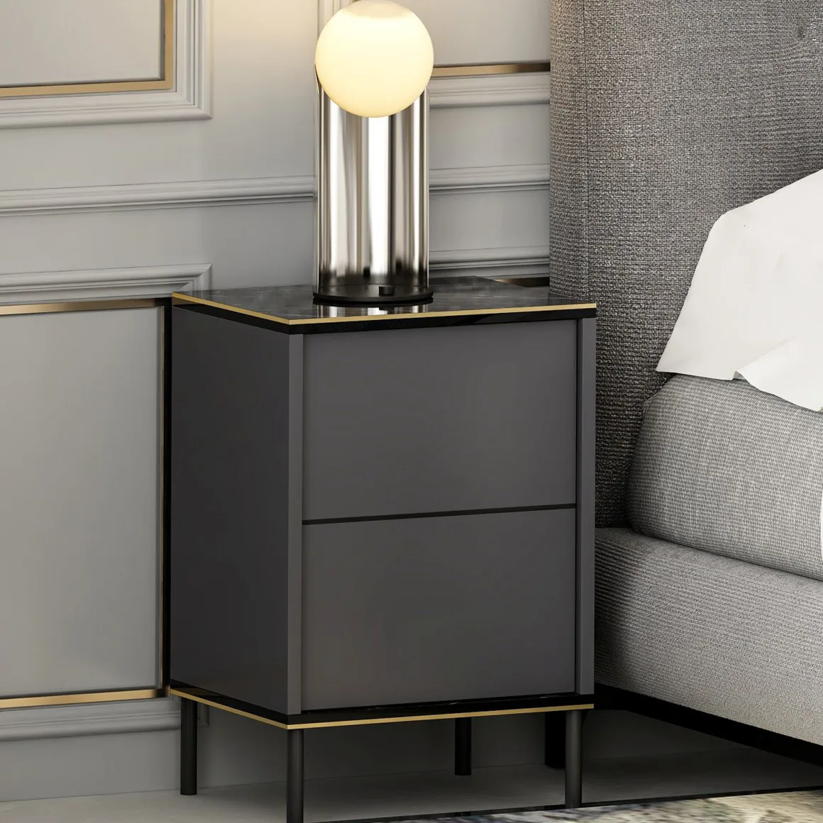 Comodino Nero Antracite oro un Ripiano Apertura Battente 40x35x60h cm, Un'anta - Vestone