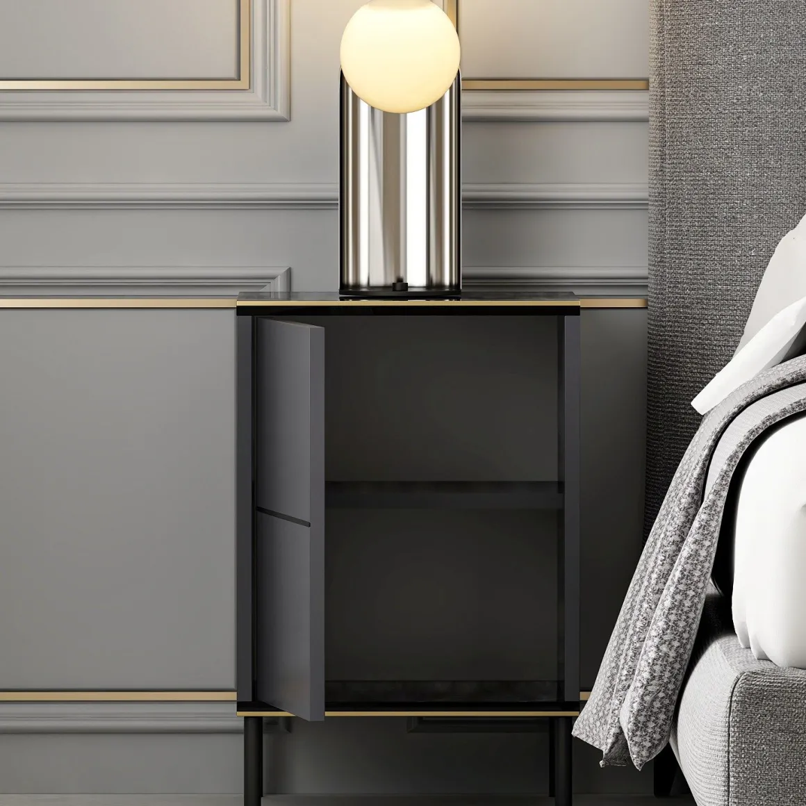 Comodino Nero Antracite oro un Ripiano Apertura Battente 40x35x60h cm, Un'anta - Vestone