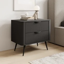Comodino Nero 2 Cassetti un Ripiano 63x38x55h cm, Apertura Scorrevole - Baari
