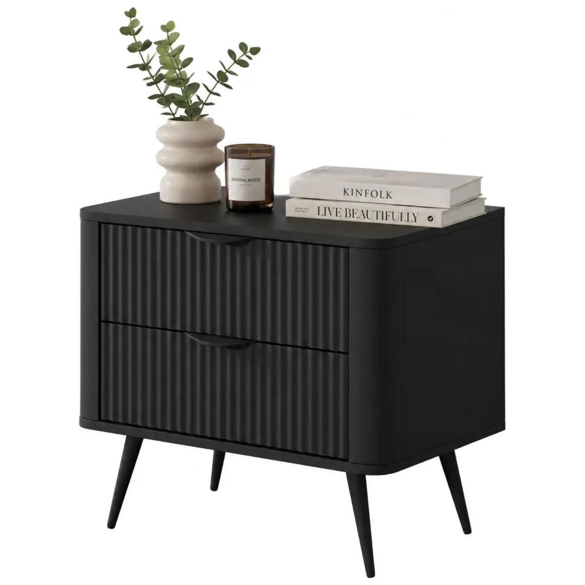 Comodino Nero 2 Cassetti un Ripiano 63x38x55h cm, Apertura Scorrevole - Baari