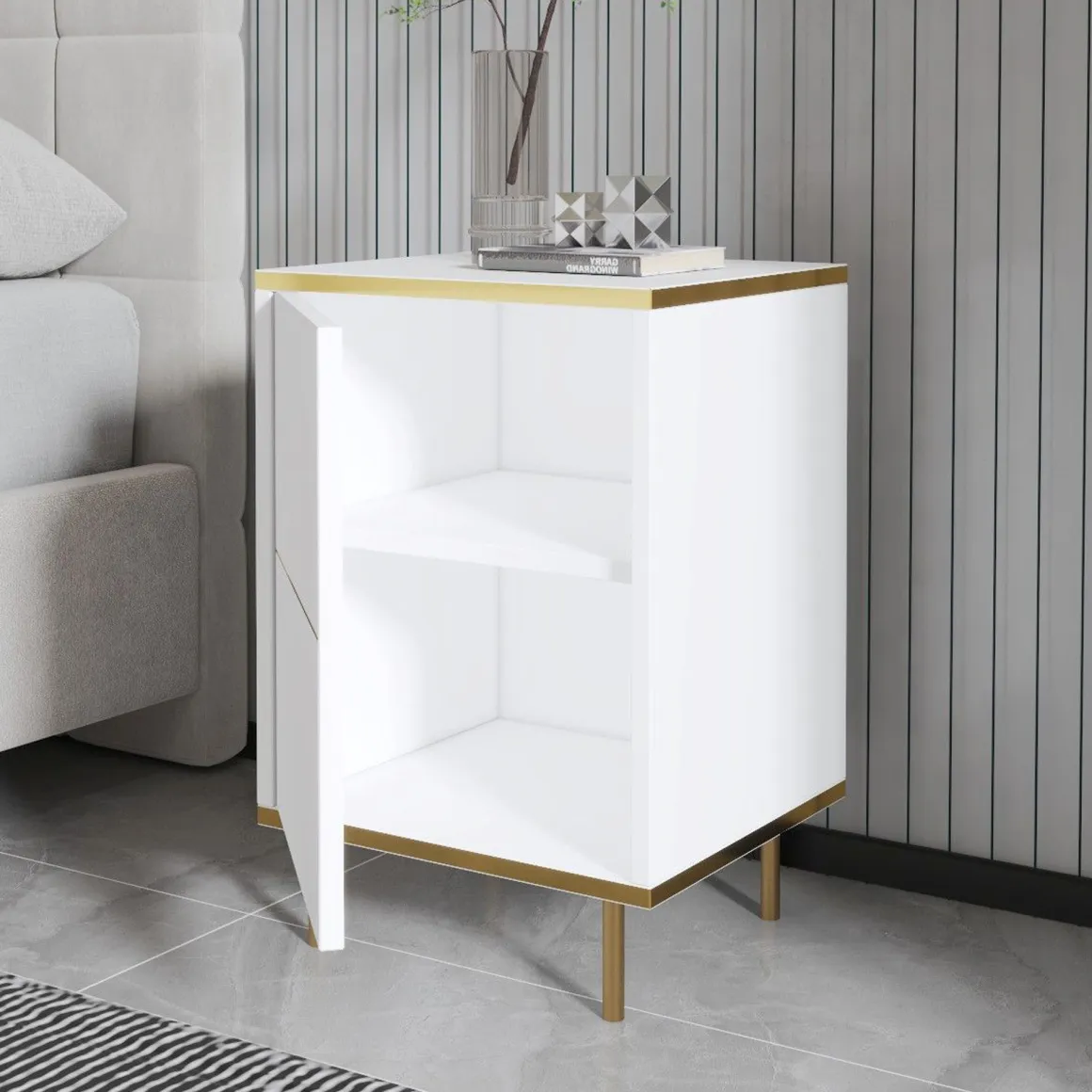 Comodino Oro Bianco un Ripiano Apertura Battente 40x35x60h cm, Un'anta - Vestone