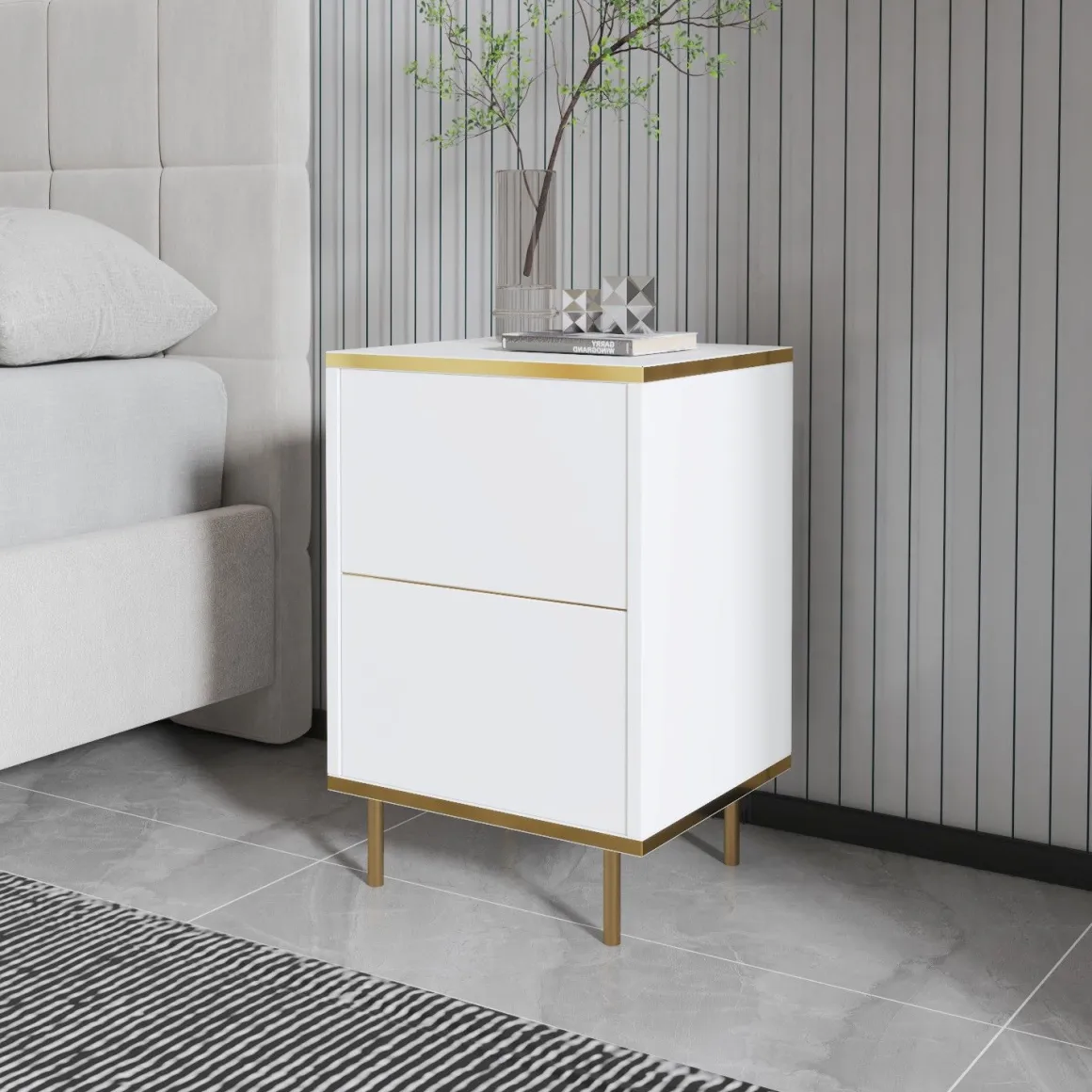 Comodino Oro Bianco un Ripiano Apertura Battente 40x35x60h cm, Un'anta - Vestone