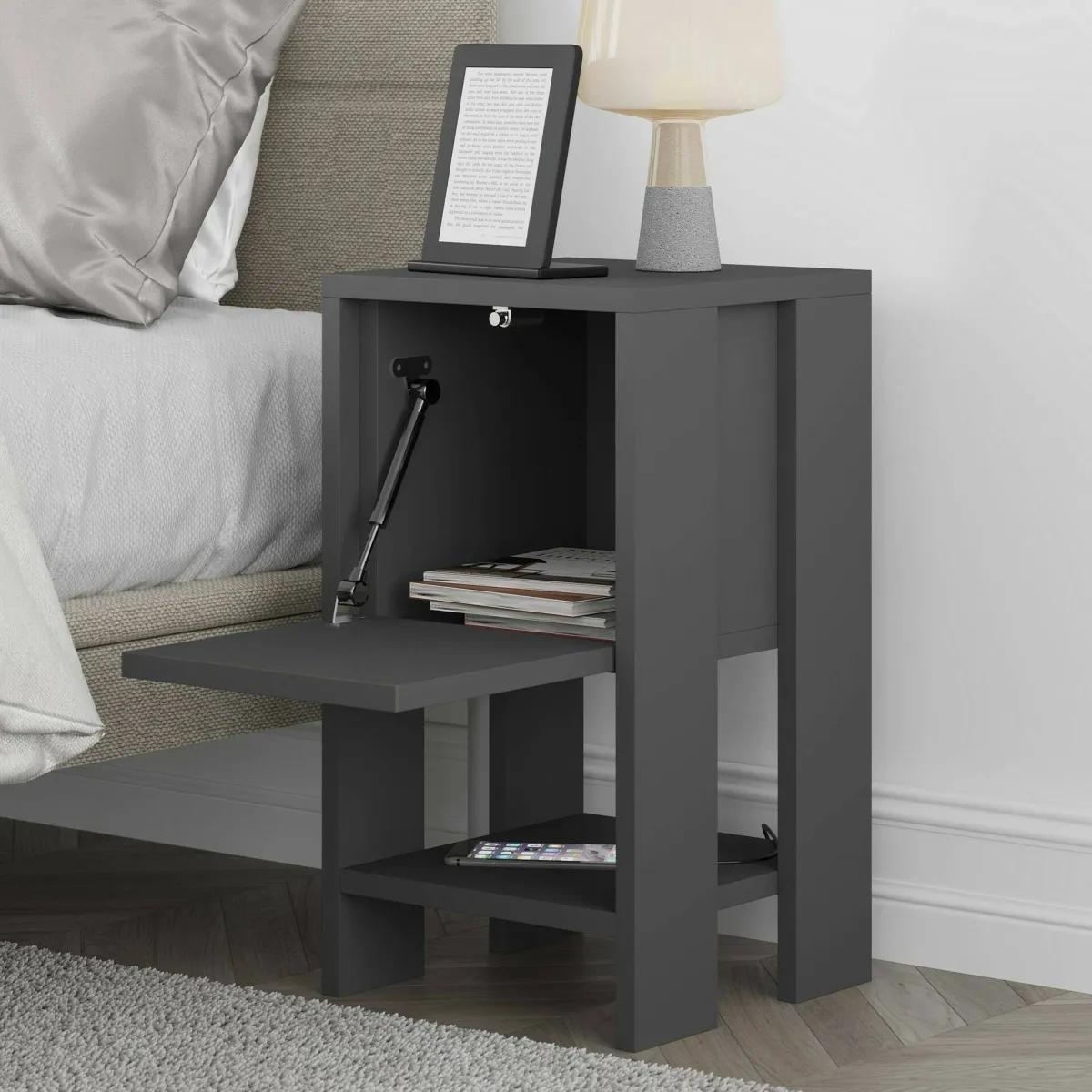 Comodini|Camera Da Letto > Dmora Comodino 2 ripiani antracite 30x30x55h cm - Filippa Nero Antracite