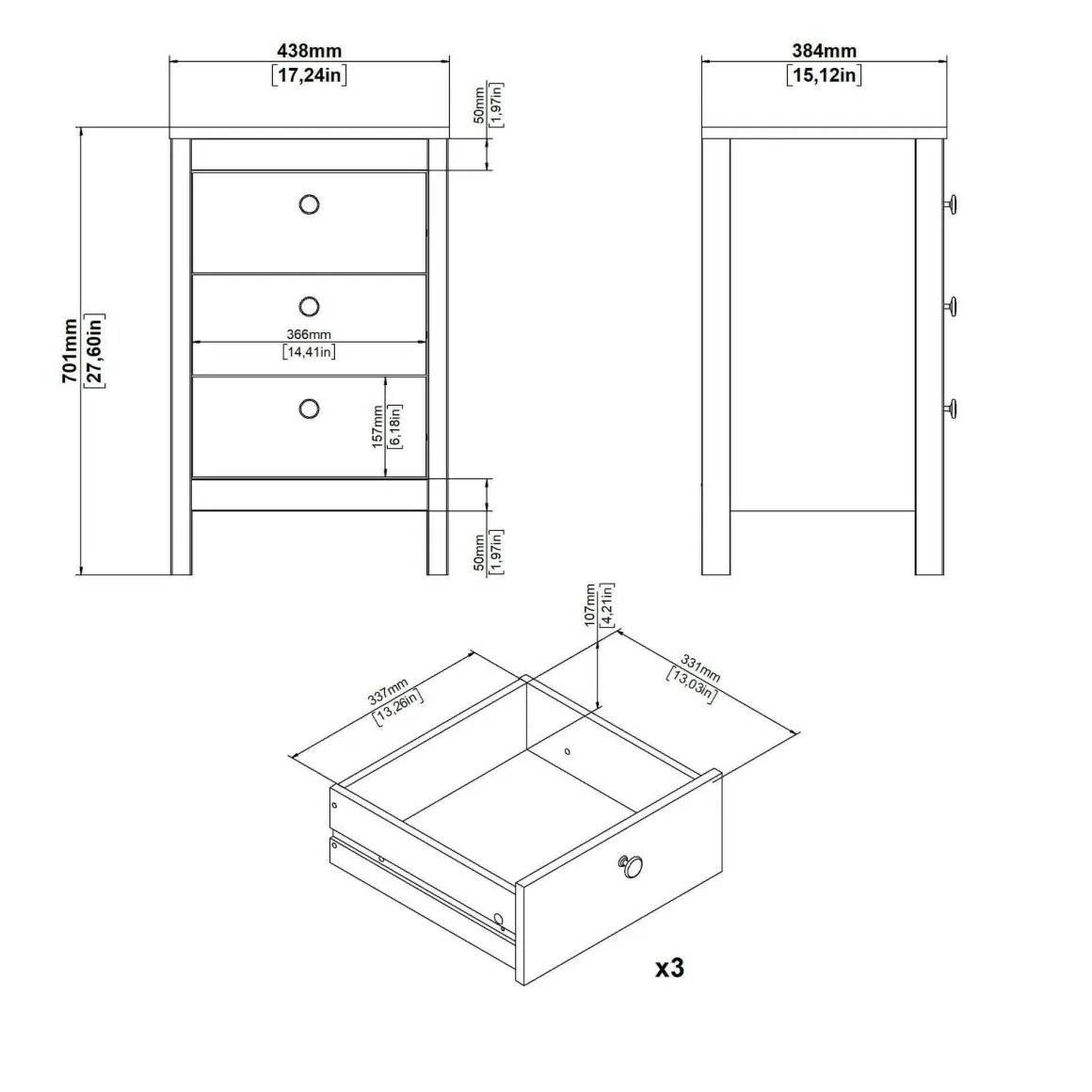 Comodino 1 ripiano nero 43x38x70h cm - Lombardia
