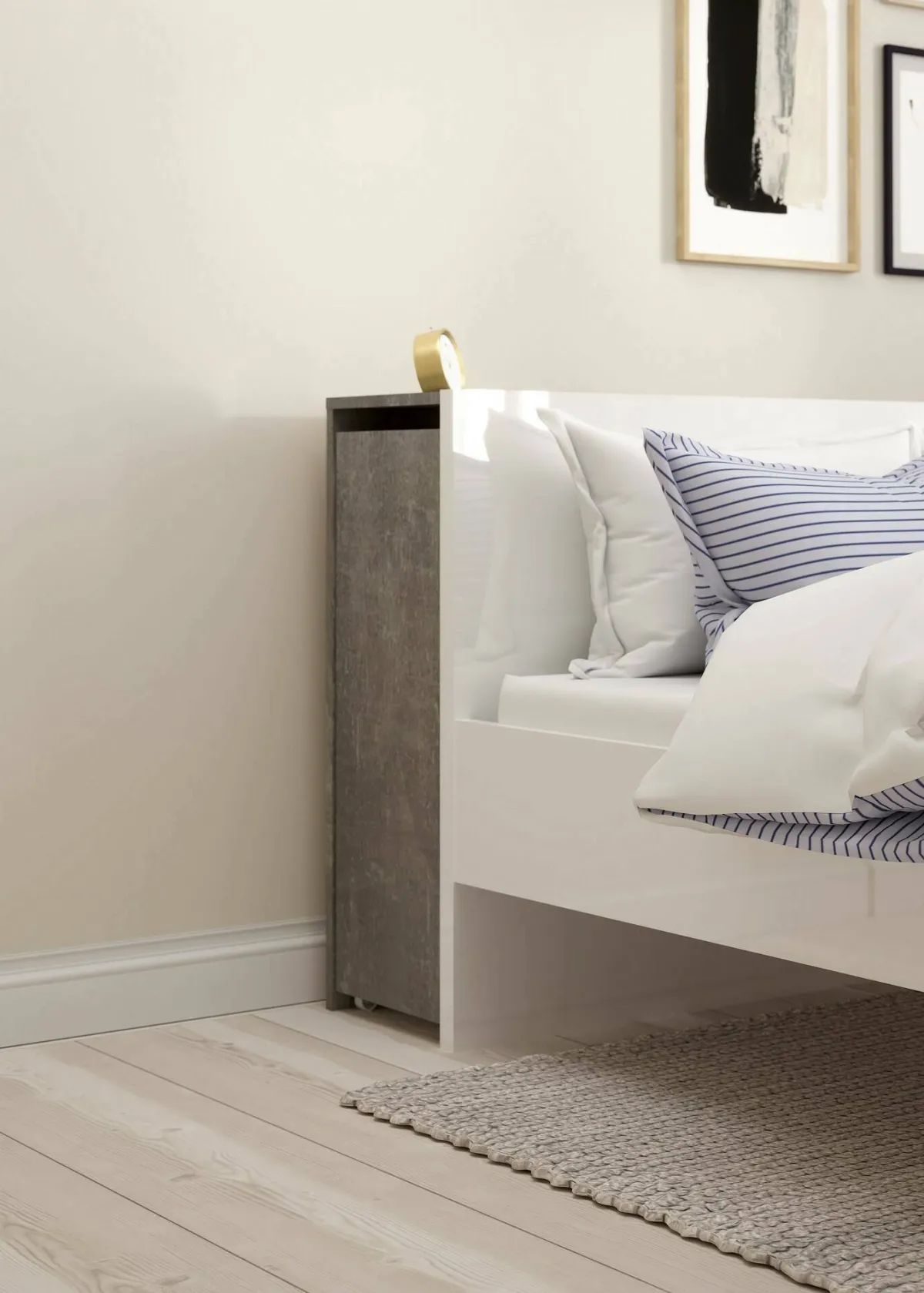 Comodini > Dmora Comodino stretto cemento e bianco lucido 144x26x79h cm - Peridoto Bianco Lucido, Grigio Cemento