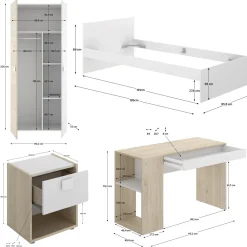 Composizioni Camera Da Letto > Dmora Composizione Camera da Letto Bianco Marrone Rovere Dimensione Materasso 90x200 cm Scrivania Estraibile 203x104x111h cm, un Letto - Lamedani Marrone Rovere, Bianco