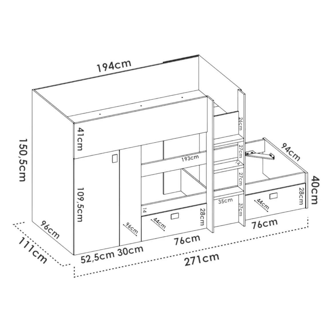 Composizione camera da letto Araba, 271x111h150 cm, Bianco e Rosa