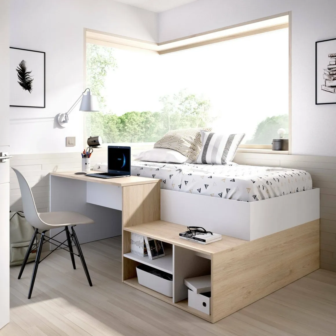Composizione camera da letto Argh, 195x134h73 cm, Bianco e Rovere