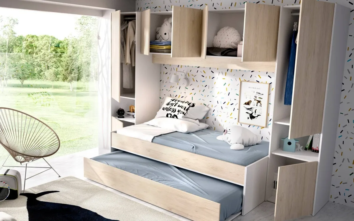 Cameretta|Letti Estraibili > Dmora Composizione camera da letto Giustizia, 303x97h203 cm, Rovere e Bianco Marrone, Bianco Rovere