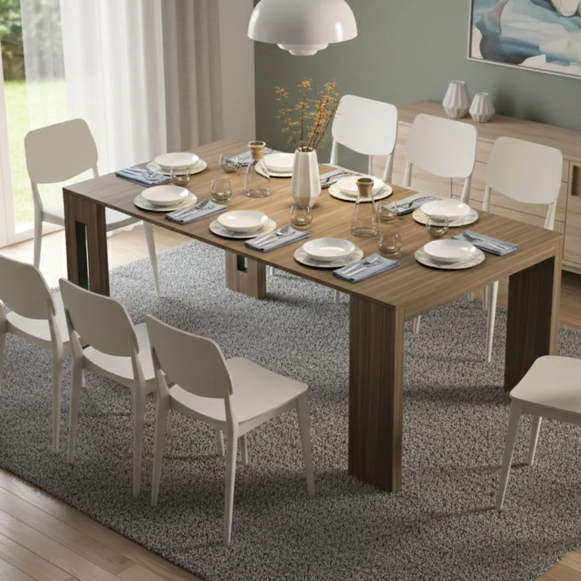Consolle Allungabile Marrone Noce 8 Posti Allungabile 186x90x78h cm, Meccanismo Estensione a Incastro - Ficarolo