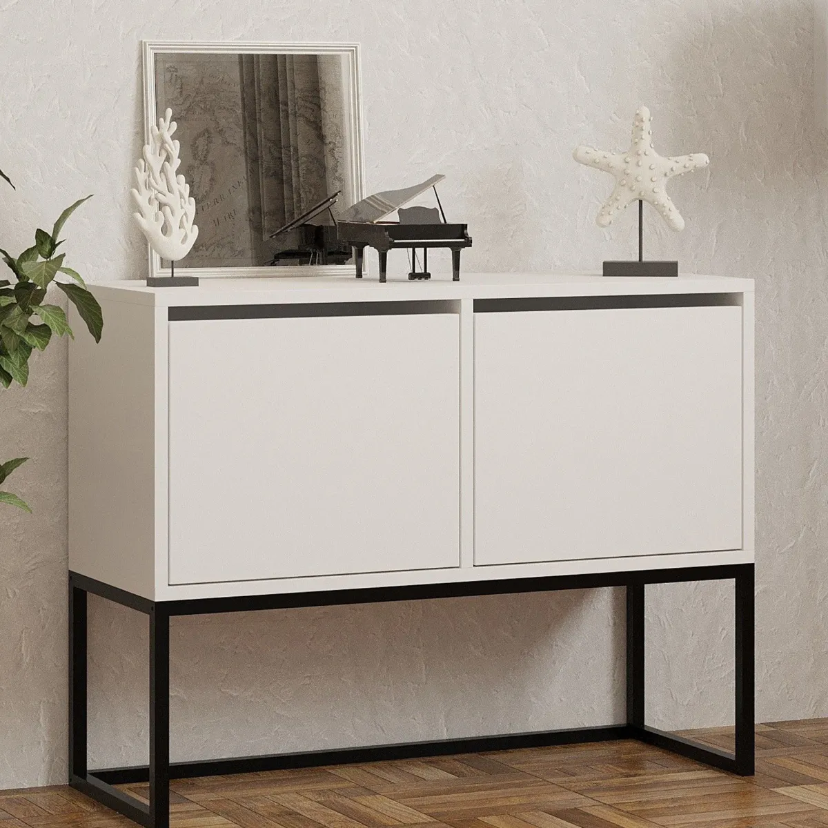 Consolle > Dmora Consolle Bianco Nero 2 Vani Colore Struttura Nero 90x34x70h cm, Colore Ripiano Bianco - Arresi Nero, Bianco