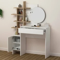 Consolle con specchio 35x35x151h cm bianco e quercia - Pago