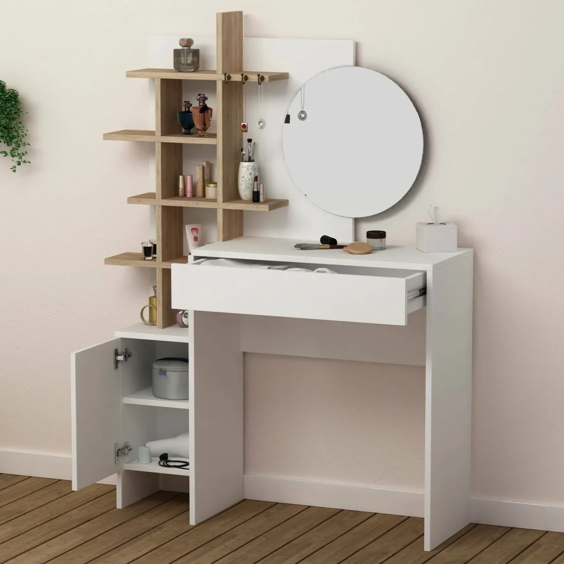 Consolle con specchio 35x35x151h cm bianco e quercia - Pago