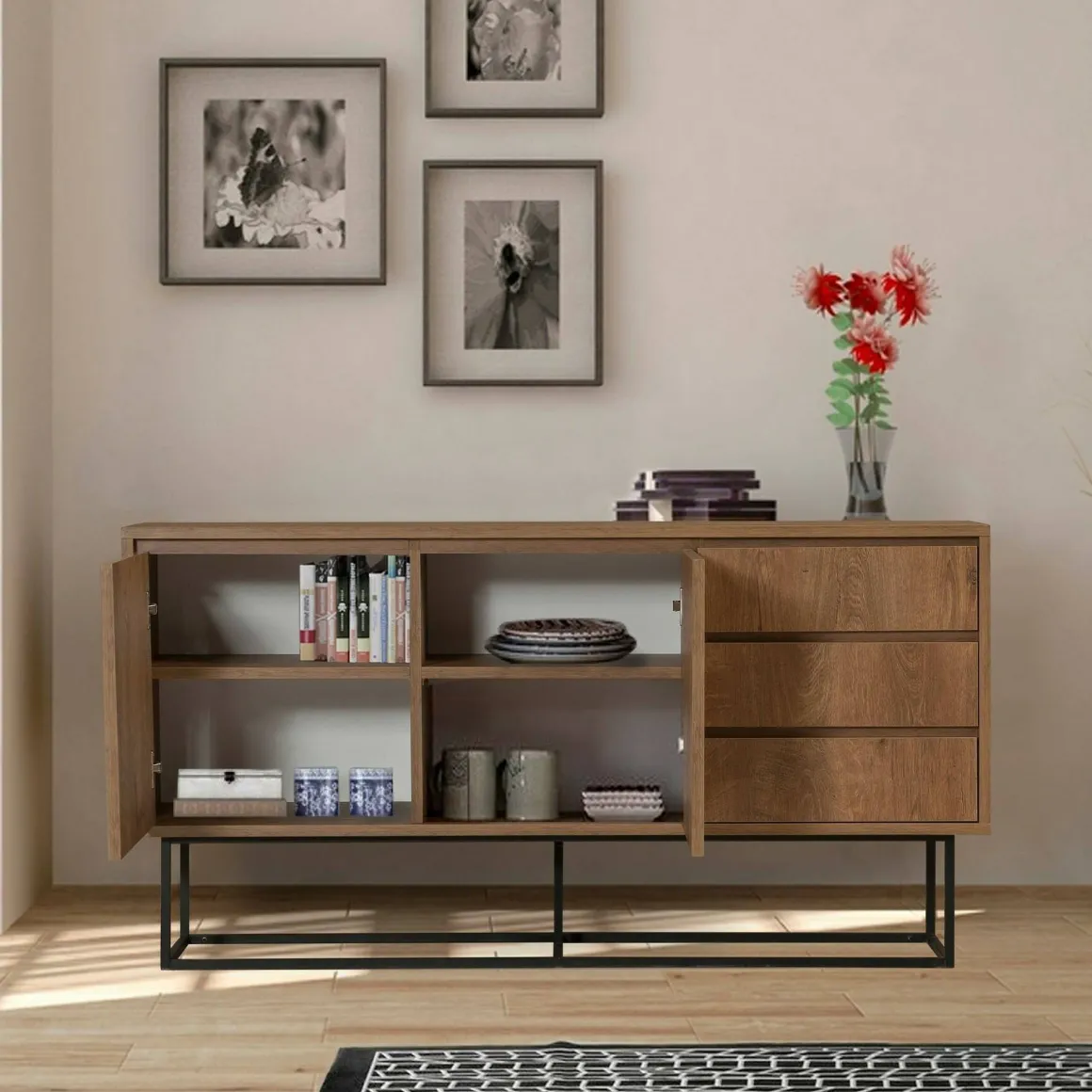 Consolle larga 140x36x72h cm noce e nero - Credenza Kuwait