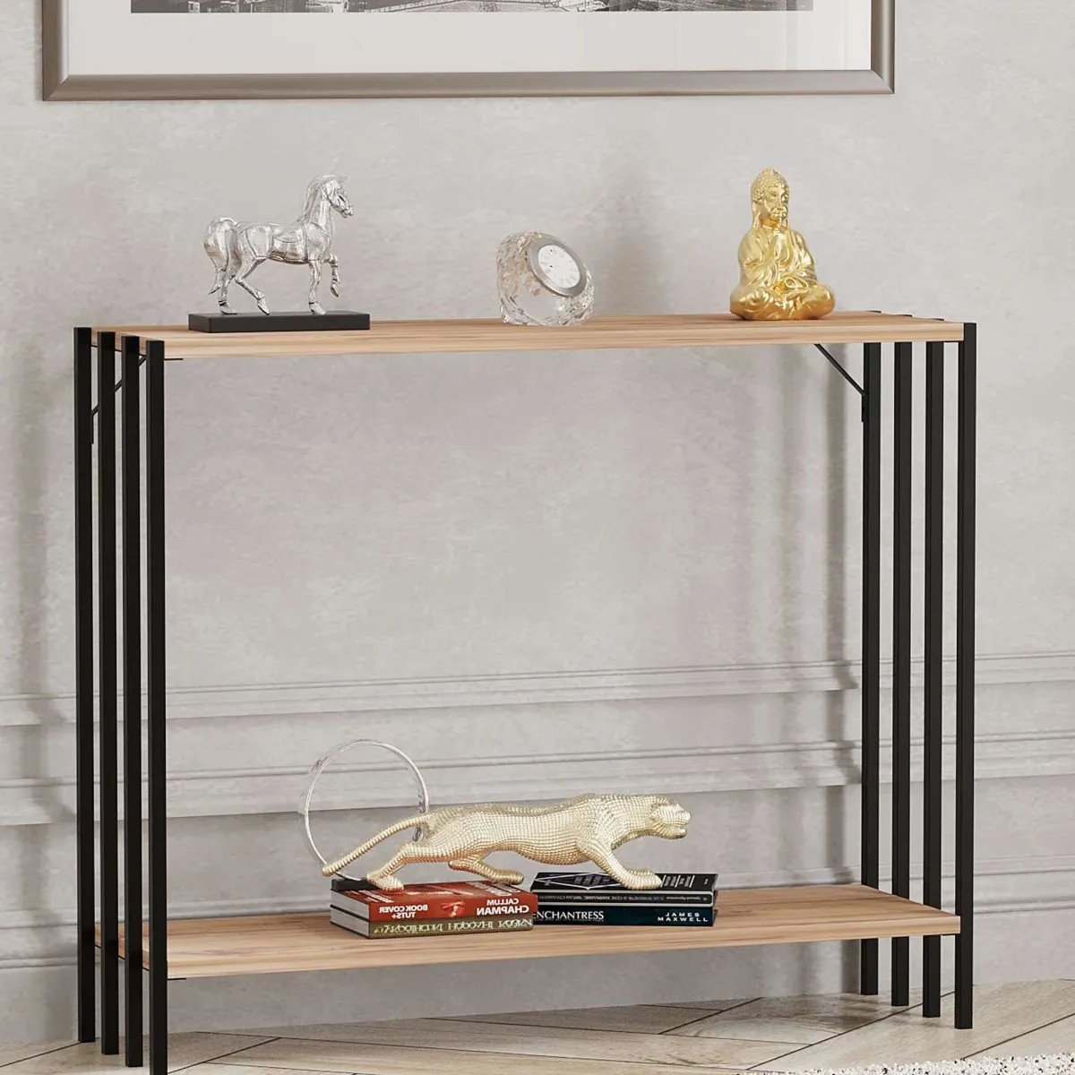 Consolle > Dmora Consolle Nero Marrone Rovere un Ripiano un Vano 90x26x74h cm, Colore Ripiano Marrone - Ravello Marrone, Nero Rovere
