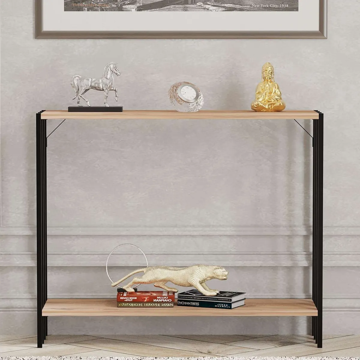 Consolle > Dmora Consolle Nero Marrone Rovere un Ripiano un Vano 90x26x74h cm, Colore Ripiano Marrone - Ravello Marrone, Nero Rovere