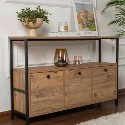 Consolle > Dmora Consolle Nesta, 120x30 h75 cm, Pino e Nero Nero, Marrone Rovere Nodi
