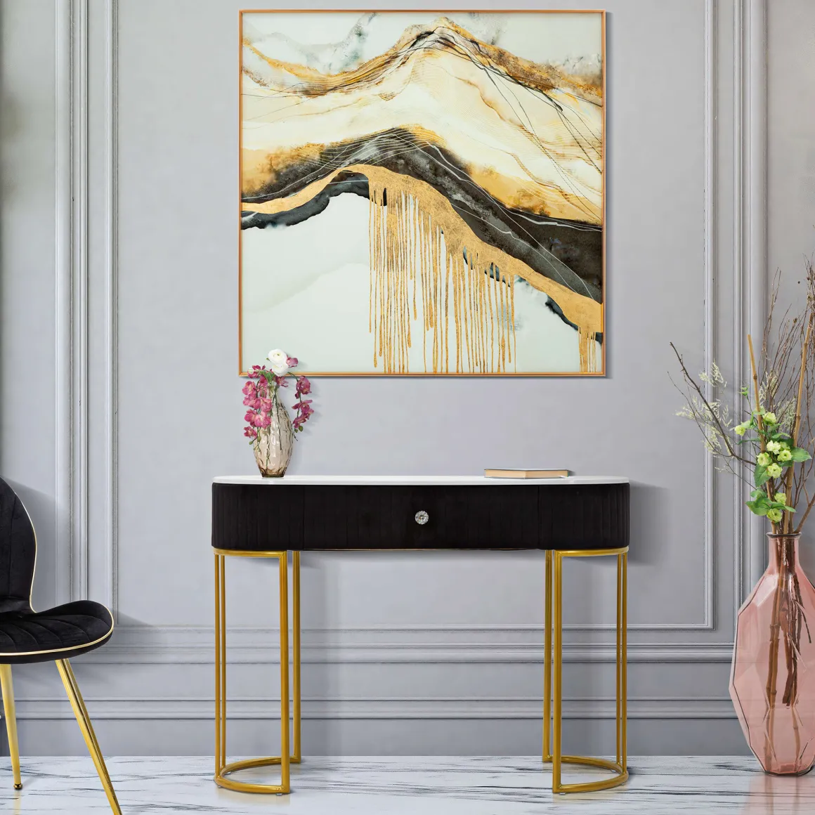 Consolle oro Nero un Ripiano Piano Effetto Marmo con 1 Cassetto 100x43x74h cm, Materiale Struttura in Tessuto - Marsa