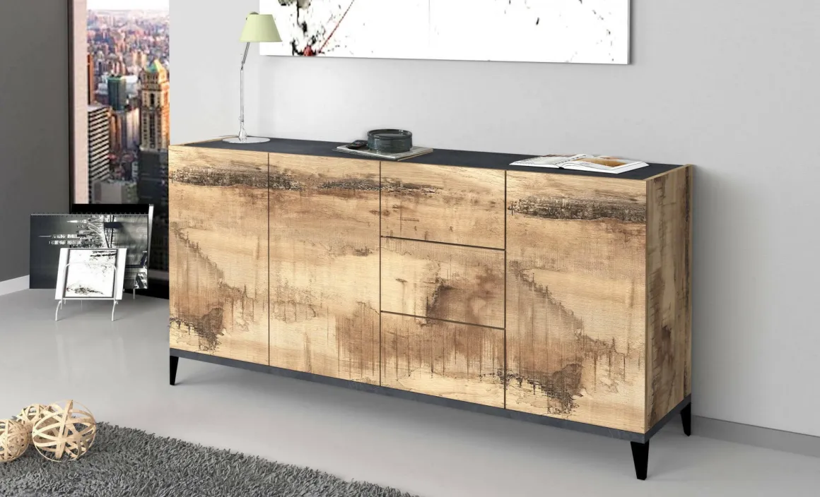 Credenza acero e ardesia 160x40x82h cm 3 ante e 3 cassetti - Abic