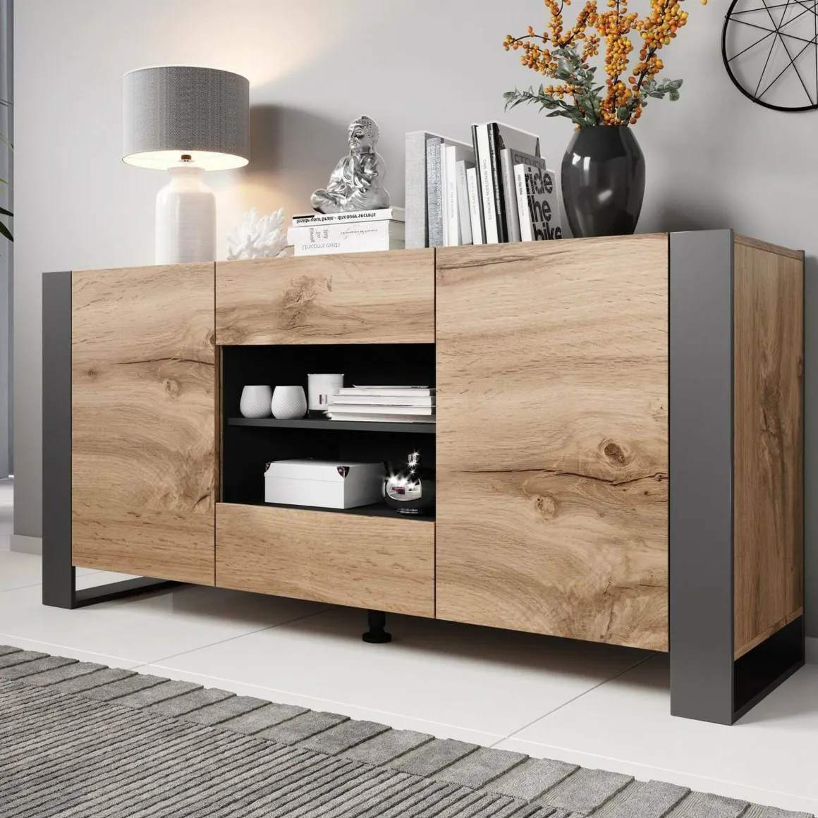 Credenza Albignola, 164x44 h80 cm, Rovere Nodi e Antracite