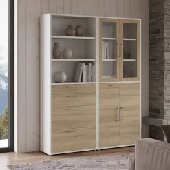 Madie|Credenze > Dmora Credenza alta bianca e quercia 178x40x221h cm 4 ante e 4 cassetti - Embabane Marrone, Bianco Quercia