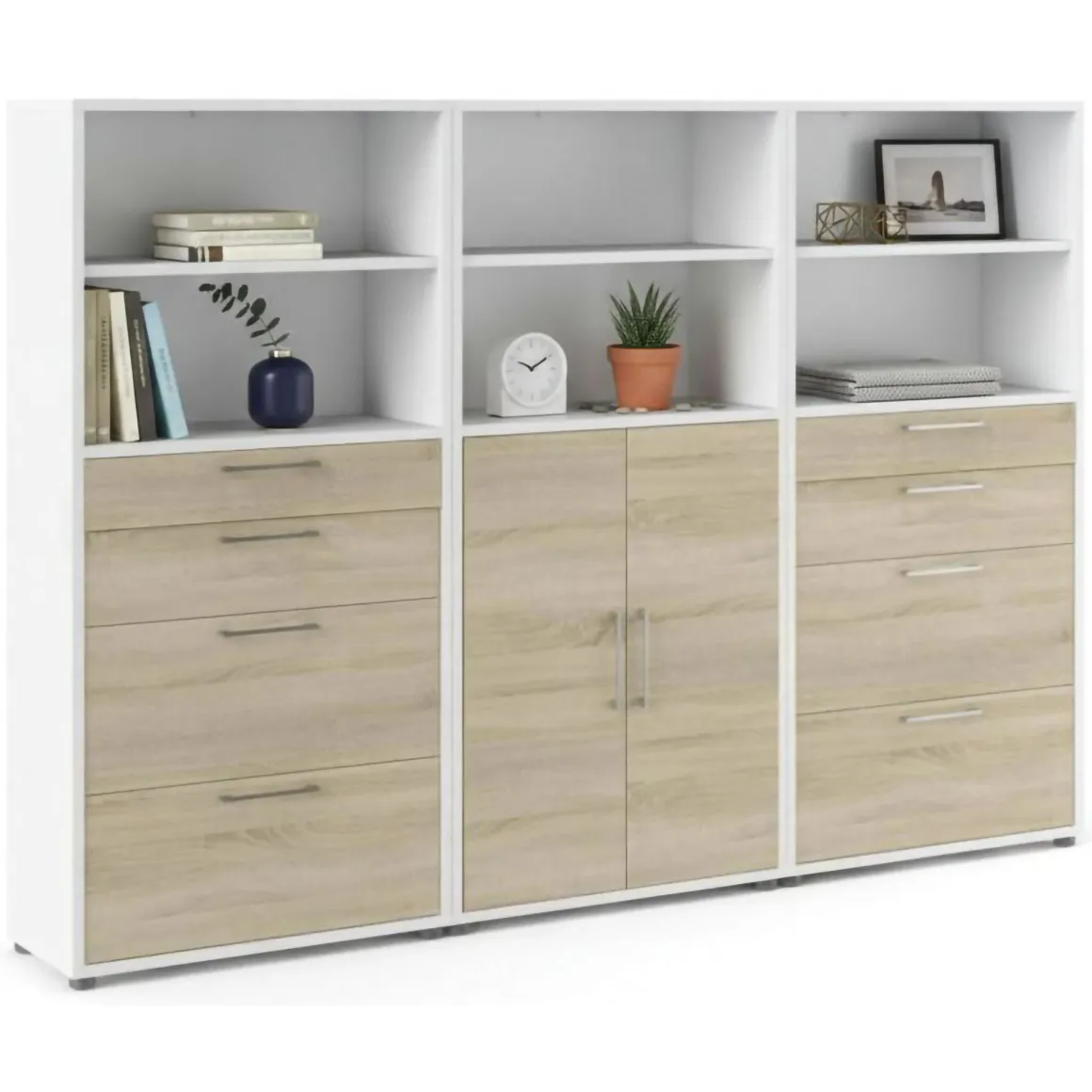 Credenza alta bianca e quercia 267x40x185h cm 2 ante e 8 cassetti - Vinovo
