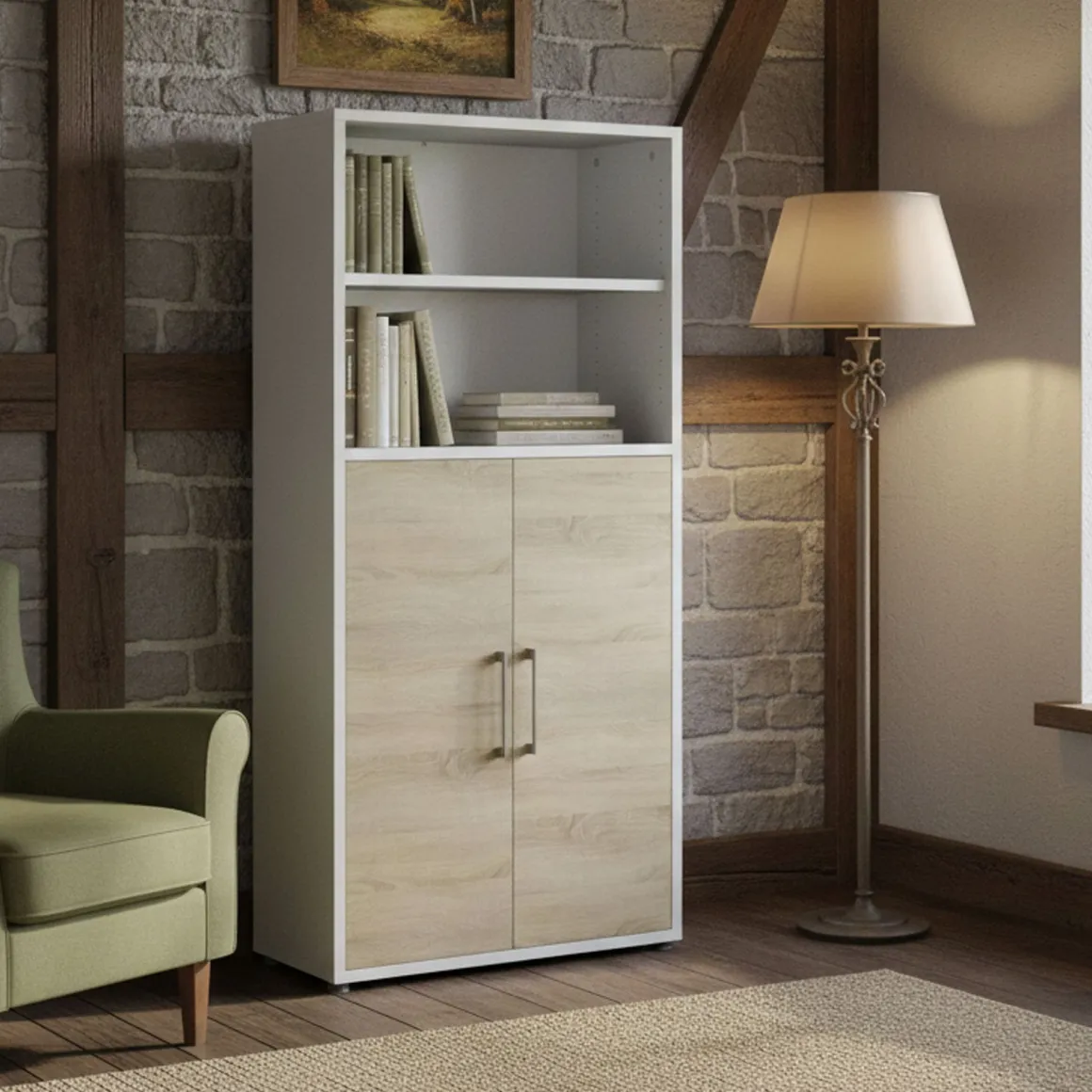 Credenza alta bianca e quercia 89x40x186h cm 2 ante - Saotome
