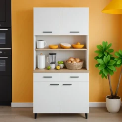 Credenza alta bianca e rovere 72x40x185h cm 4 ante e 1 cassetto - Florent